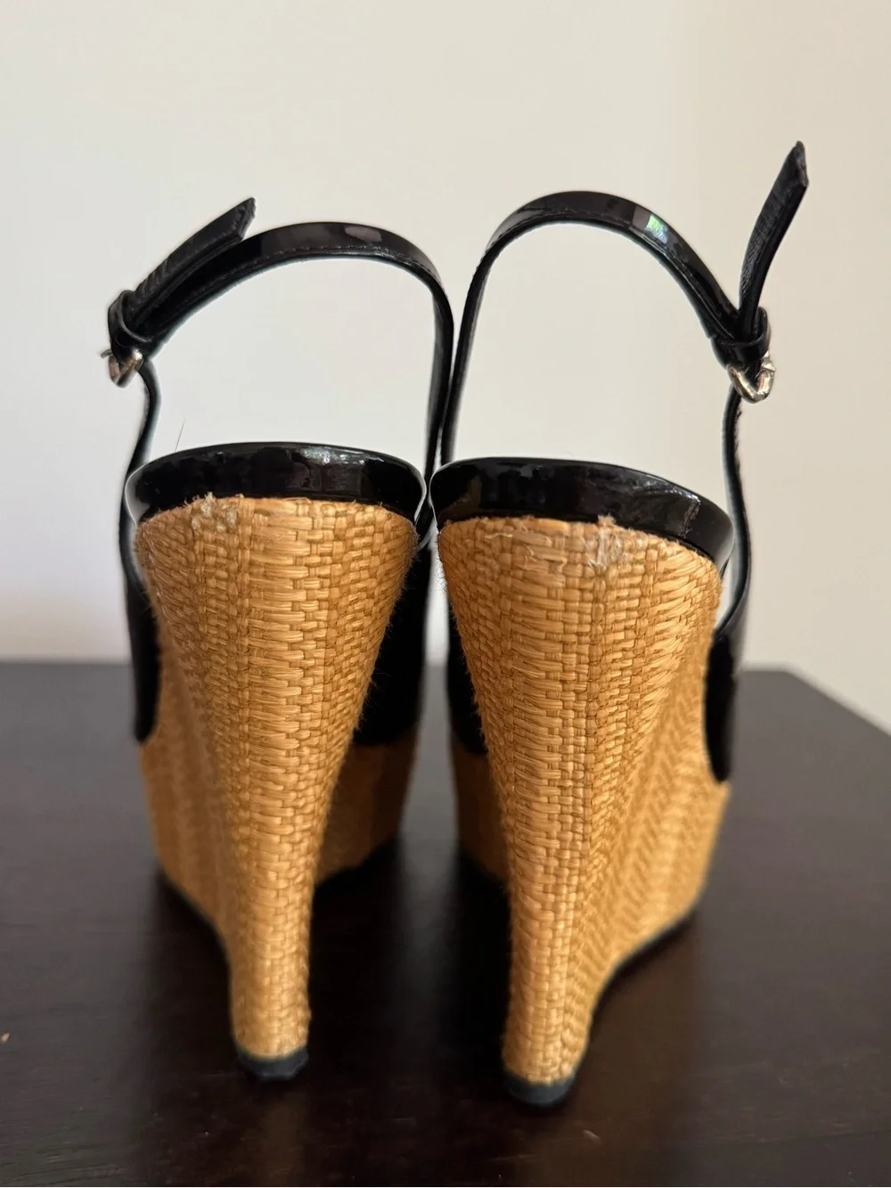 Gucci Black Patent Open Toe Wedges